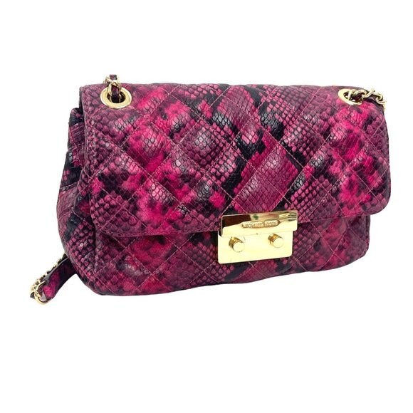 Michael Kors Sloan Pink Snake Print Crossbody Bag With Gold Chain Strap & Logo L - Picture 7 of 10